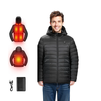 7.4V Battery Men’s Heated Jacket with Soft Shell Electric Heating Coat, 4 Heating Zones, 3 Heat Settings, Hiking, Outdoor Work, Size M, Black