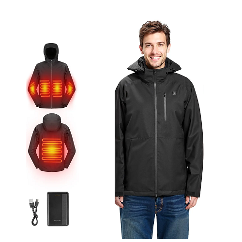 7.4V Battery Men’s Heated Jacket with Soft Shell Electric Heating Coat, 5 Heating Zones, 3 Heat Settings, Machine Washable, Size XXXL, Black
