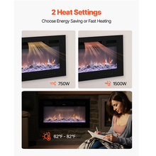 36-Inch Electric Fireplace, 1500W, Wall-Mounted & Recessed, Flat Style, with Remote Control