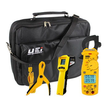 HVAC Clamp Meter Kit featuring a Clamp Meter, Infrared Thermometer, K-Type Pipe Clamp Adapter, and Carrying Case HVACKIT