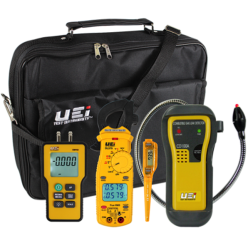 Test and check kit includes a clamp meter, leak detector, manometer, thermometer, and a carrying case TACK15