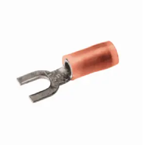 Burndy TN202F 26 - 20 AWG #1 - #2 Stud Tin-Plated Nylon Insulated Shrouded Barrel Copper Fork Tongue Terminal lug Amber